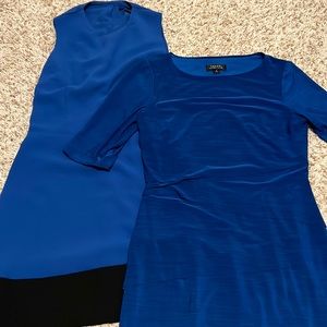 Double blue dresses - French Connection sleeveless & Tahari 3/4 sleeves pleated